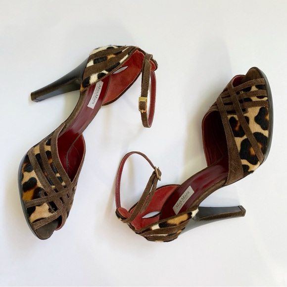 MAXMARA BROWN TAN LEOPARD PONY HAIR SUEDE ANKLE STRAP PEEP TOE HIGH HEELS - Picture 6 of 8